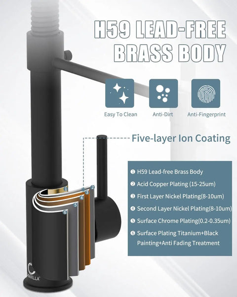 Black Kitchen Faucet With Soap Dispenser And Pull Down Sprayer No Frills Single Handle Stainless Steel RV Camper Farmhouse Sink Tap For Kitchen Sink Easy Install Durable High Arc Design H59 lead-free brass body details with anti-fingerprint coating.