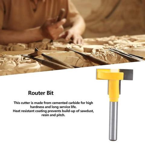 Premium T Slot Router Bit With 1 4 Inch Shank Made From Durable Cemented Carbide For Smooth Woodworking Projects And Perfect Grooves In Soft Wood Materials on a wooden background.
