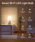 Smart E26 LED Bulbs 8W Dimmable 2700K Warm White 800 Lumens Play Nicely With Alexa And Google Home App Control From Anywhere 2 4GHz WiFi No Hub Needed Set Of 2 Or 4, features shown in living room lamp setting.