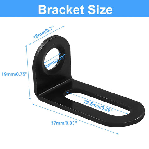 Close-up of black 12 Pack Adjustable Right Angle Brackets L Shape Corner Braces showing dimensions for DIY furniture fixes and home projects.