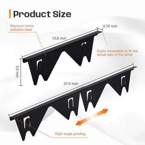 Diagram showing Stove Gap Covers 13.8 To 27.5 Inch Adjustable Black 2 Pack Gap Filler Guards with dimensions and features.