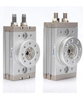 Two MSQB rotary pneumatic actuators with silver aluminum bodies, 0 to 180 degree swing