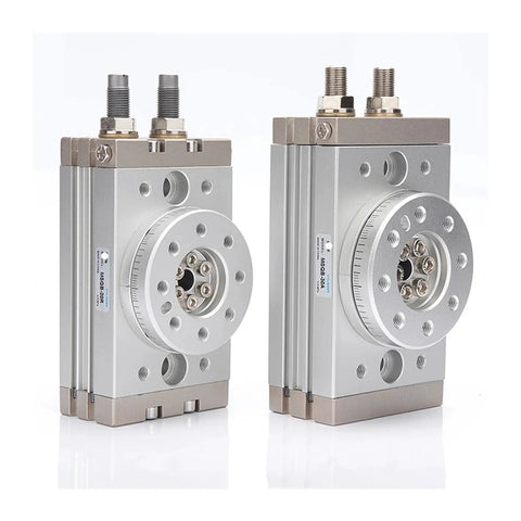 Two MSQB rotary pneumatic actuators with silver aluminum bodies, 0 to 180 degree swing