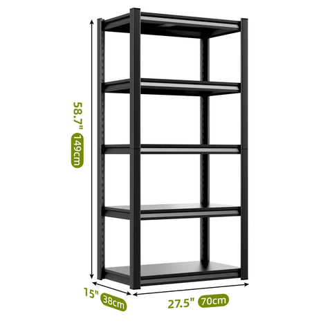 Heavy Duty Metal Storage Shelves, Five Tier Utility Rack with dimensions 58.7x27.5x15 inches, black steel shelving unit.