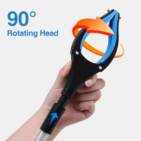 Foldable reacher grabber set featuring 90-degree rotating head for easy retrieving and grip, shown with magnetic jaw in use.