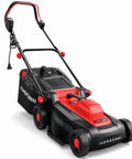 14-Inch Corded Electric Lawn Mower 2-In-1 With 12.5 Amp Motor, Gas-Free Power, Easy Push Start, Includes 10 Gallon Grass Collection Bag For Clean, Efficient Yard Work. black and red mower with grass bag, side view