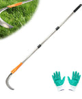 Long Handled High Branch Weeding Sickle With Stainless Steel Blade, orange handle, displayed with gardening gloves
