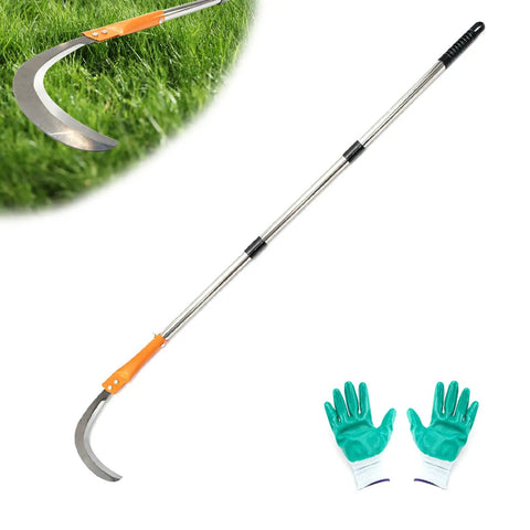 Long Handled High Branch Weeding Sickle With Stainless Steel Blade, orange handle, displayed with gardening gloves
