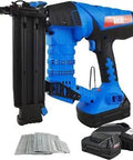 Cordless 18 Gauge Brad Nailer Kit With Battery Powered Pin Nailer Drives Five Eighths To Two Inch Nails Includes Two Li-Ion Batteries And 1500 Nails Great For Roofing Upholstery Carpentry And Woodworking, showing the nailer, batteries, and nails.