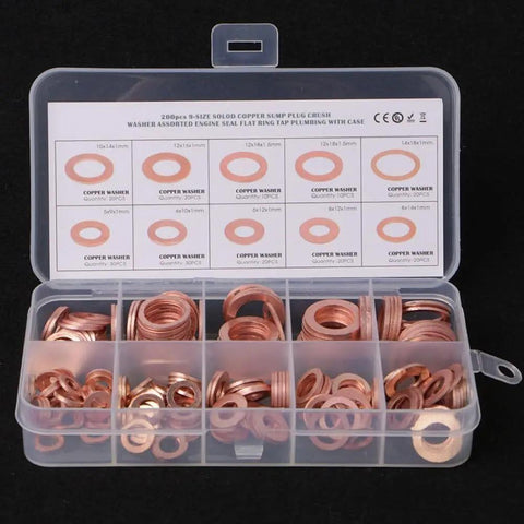 Heavy Duty 200 Piece Red Copper Flat Washer Assortment Kit Metric Sizes M5 To M14 For Ultimate Leak Proof Sealing On Your Cars And Engines Plus Hydraulic Systems Banjo Oil Pan Drain Plugs And Fittings Stay Sealed Like A Boss Even Under Stress. copper washer kit in case, assorted metric sizes M5-M14