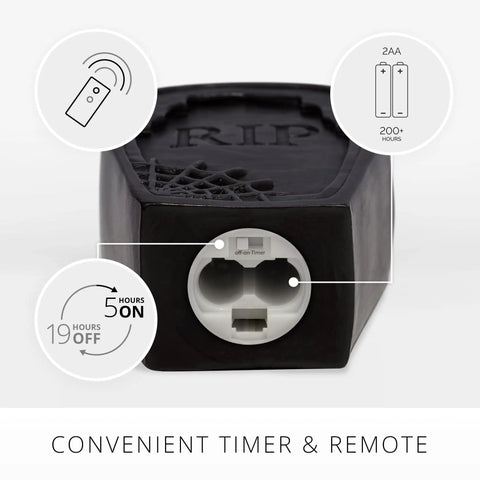 Back of Dope Flameless Dual Moving Flame Skeleton Skull Candle showing timer control access and battery compartment.