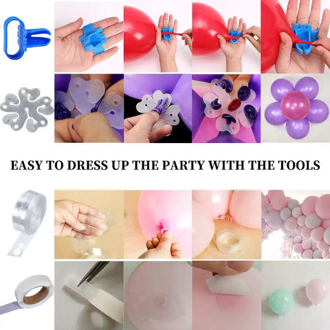 Collage showing Electric Balloon Pump 110V 600W Quick Inflate For Party Balloons Balloon Garland Kit with accessories and usage