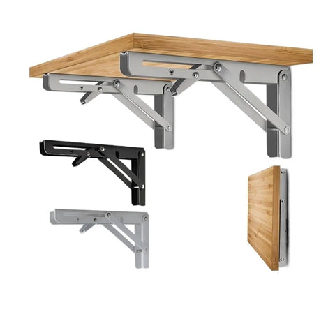Foldable Triangular Stainless Steel Wall Shelf Brackets Set Of 2 For Adjustable Table Support, mounted with wooden shelf