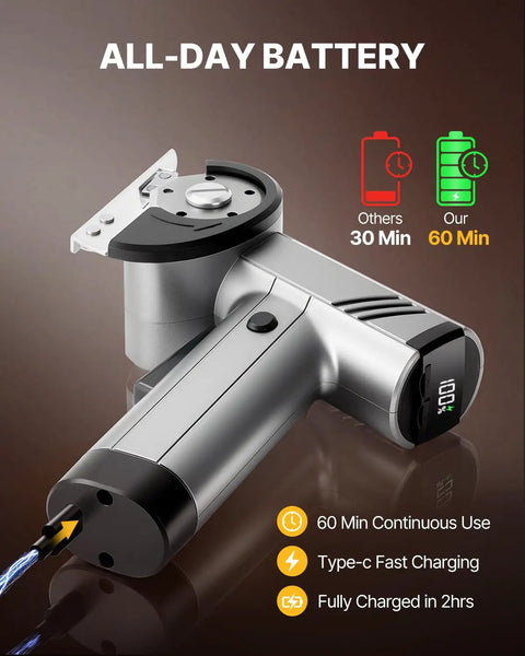 Fieldoria Upgrade 4-Speed Electric Box Cutter with battery indicator, showcasing fast charging and 60 minutes of continuous use.