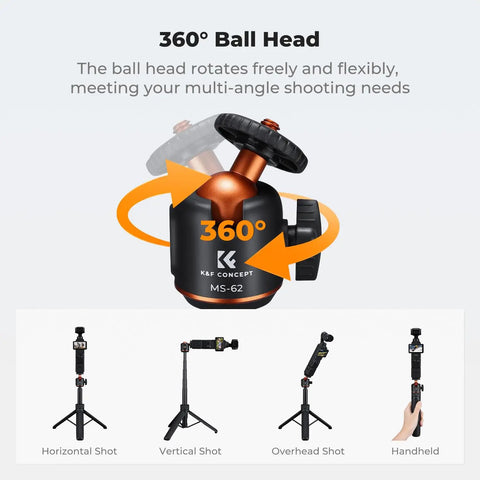 Close-up of Mini Selfie Stick Tripod Stand With Five Adjustable Levels And 360 Degree Ball Head Pocket Tripod With Cold Shoe displayed.