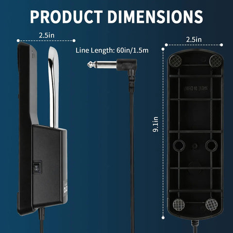 Universal Metal Sustain Pedal For Keyboard And Piano With Polarity Switch 5ft Cable showing side and bottom view dimensions