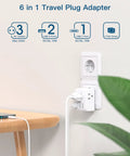 6 In 1 EU Travel Power Plug Adapter with three outlets, two USB A ports, one USB C port in use, plugged into Type C outlet on wall.