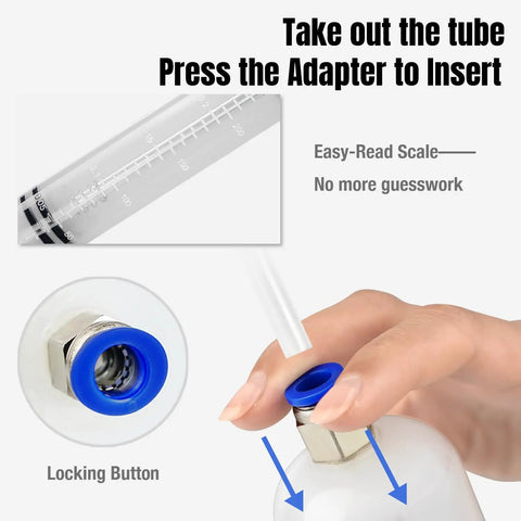 Close-up of 200cc Automotive Fluid Extractor Pump With 50cm Rubber Hose showing easy-read scale and locking button