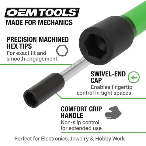7 Piece Precision Nut Driver Set Green And Black Metric 3 To 6 mm with swivel end caps shown with hex tip and comfort grip handle