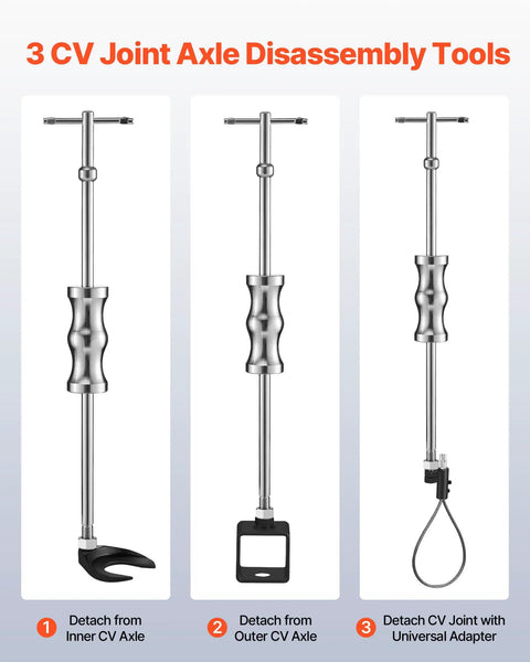 Inner CV Axle Puller Tool Set With Slide Hammer 4 Lb And Two Inch And Two And A Half Inch CV Joint Fork Adapters Outer CV Adapter displayed in three configurations