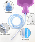 Home Use Colon Cleanse Enema Bag Kit 2L With 4 Tip Nozzles, showing purple bag, flow control clamp, hose, hook, and storage bag