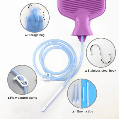 Home Use Colon Cleanse Enema Bag Kit 2L With 4 Tip Nozzles, showing purple bag, flow control clamp, hose, hook, and storage bag