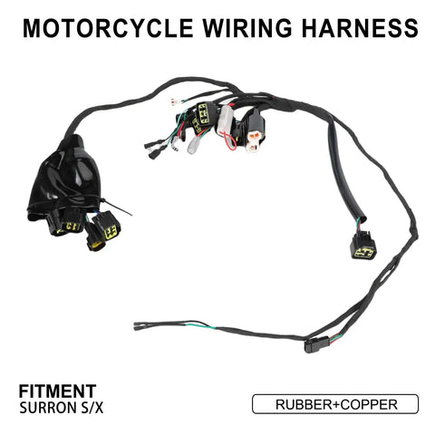 Full Wiring Harness Assembly For Surron Light Bee X And Light Bee S Electric Dirt Bike Replacement Cable Harness shown with connectors and rubber-copper materials.
