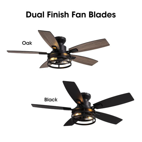 46 Inch Ceiling Fan With Lights And Remote Control, Matte Black Flush Mount Ceiling Fan With Dual Finish Blades Oak and Black