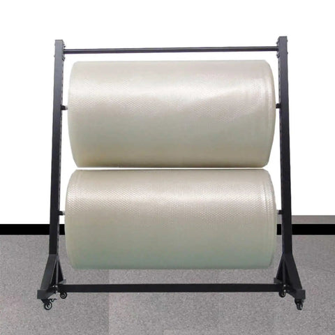 Heavy Duty Vinyl Roll Storage Rack With Wheels, 9 Layer Fabric Organizer displaying two rolls of vinyl in a steel frame, designed for efficient material storage.