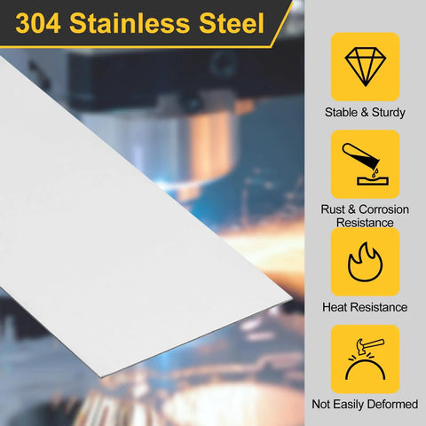 10 Pack 304 Stainless Steel Shim Stock Strips 0.03mm Thick By 1 Inch Wide By 12 Inches Long Flat Bar Gap Filler Trim For DIY Craft Projects Durable Rust Resistant Metal next to stability and resistance icons on a manufacturing background.
