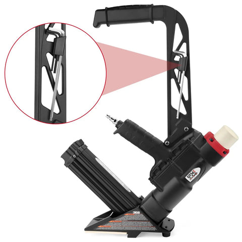 Two In One Pneumatic Flooring Nailer And Stapler For Hardwood And Engineered Floors With Fifteen And A Half Gauge Staples And Sixteen Gauge L Cleats From One And A Half To Two Inches Interchangeable Plates Reach Handle And Rubber Mallet Included showing reach handle detail