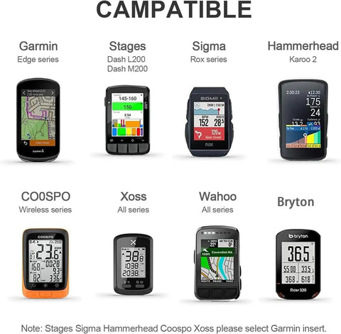 Image showing compatible cycling computers for Out Front Bike Computer Mount, including Garmin Edge, Stages, Sigma, Hammerhead, Bryton.