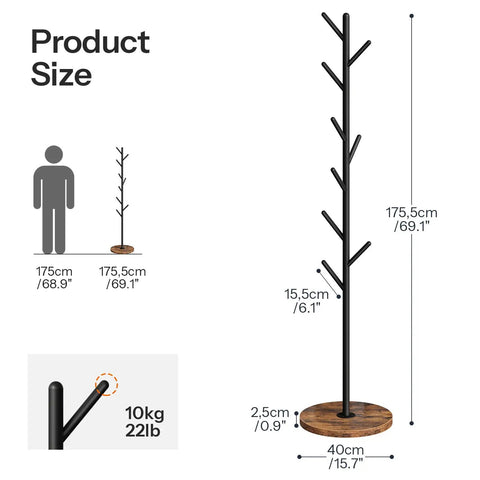Size diagram of Coat Rack With Nine Hooks Freestanding Metal Hall Tree With Wooden Base For Entryway Space Saving Coat Hanger Stand