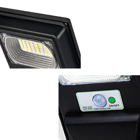 Close-up of JUDYSSY Solar Lights Outdoor Led Solar Powered Motion Sensor Light showing LED panel and motion sensor button.