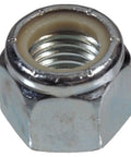Close-up of zinc-plated M8 fine pitch insert stop nut from 20 Pack M8 1.00 Fine Pitch Insert Stop Nut Steel Zinc Plated Finish For Rock Solid Threads Anti Loosening Hex Nut Set Heavy Duty Fasteners For Machinery Automotive And DIY Projects.