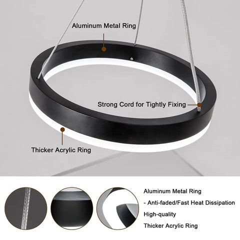 Dimmable LED Pendant Light For Kitchen Island And Dining Room With 59 Inch Adjustable Cord 15W Black One Ring Chandelier detail