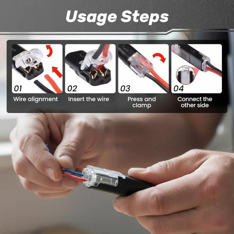 Fast Locking Double Wire Plug In Connector With Locking Buckle For No Tool Splices, usage steps illustrated
