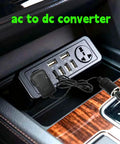AC To DC Converter Cigarette Lighter Adapter 110V To 12V Power Supply 24W Output with USB ports for charging devices.