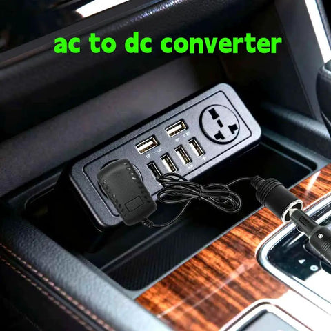 AC To DC Converter Cigarette Lighter Adapter 110V To 12V Power Supply 24W Output with USB ports for charging devices.