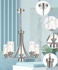 Five Light Modern Chandelier in Brushed Nickel Finish With Clear Hammered Glass Pendants Ready To Hang Ideal for Kitchen Island Dining Room