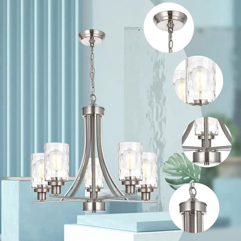 Five Light Modern Chandelier in Brushed Nickel Finish With Clear Hammered Glass Pendants Ready To Hang Ideal for Kitchen Island Dining Room