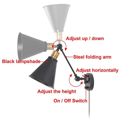 Vintage Industrial Wall Sconce Light Set of Two With Adjustable Swing Arm in Bronze Finish showing lampshade and adjustment details