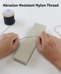 Hands using 0.8mm Nylon String for Jewelry Making and Beading, showing abrasion-resistant feature with roll and block support.
