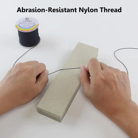 Hands using 0.8mm Nylon String for Jewelry Making and Beading, showing abrasion-resistant feature with roll and block support.