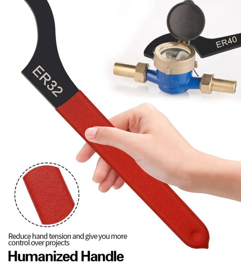 Close-up of a red-handled coilover wrench being held, with ER32 marking, part of 6 Piece Coilover Wrench Set C Shape Shock Spanner Wrenches Hook Tools Steel For Suspension System And Shock Adjustments Great For Tuners And DIY Enthusiasts Working On Apexi KW H And R Tein Truhart Skunk.