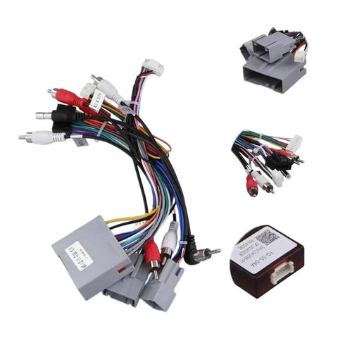 Upgrade Your Ride With This 16 Pin Wiring Harness Adapter Featuring XINPU XP Canbus Decoder, showing multiple colored wires and connectors.