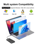 Built Tough 40Gbps M.2 NVMe SSD Enclosure With Sleek Aluminum Build And Internal Turbo Cooling Fan Holds Up To 8TB Drives Moves Files Super Quick Over Thunderbolt 4 And USB4 Flawless Setup On Mac Windows Or Linux Lets You Edit 4K Clips Without Breaking A connected to a laptop showing multiple OS windows.