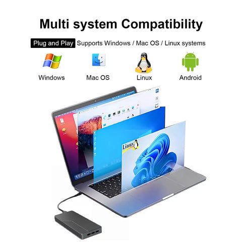 Built Tough 40Gbps M.2 NVMe SSD Enclosure With Sleek Aluminum Build And Internal Turbo Cooling Fan Holds Up To 8TB Drives Moves Files Super Quick Over Thunderbolt 4 And USB4 Flawless Setup On Mac Windows Or Linux Lets You Edit 4K Clips Without Breaking A connected to a laptop showing multiple OS windows.