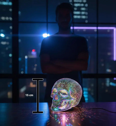 LED Skull Table Lamp With Gothic Glow Battery Powered Three AAA Batteries Needed, lit on desk with city backdrop at night, 15 cm tall