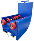 Shop Grade Electric Drum Rotator And Mixer Portable Steel Roller for Heavy Duty Oil Barrels, blue with red wheels.